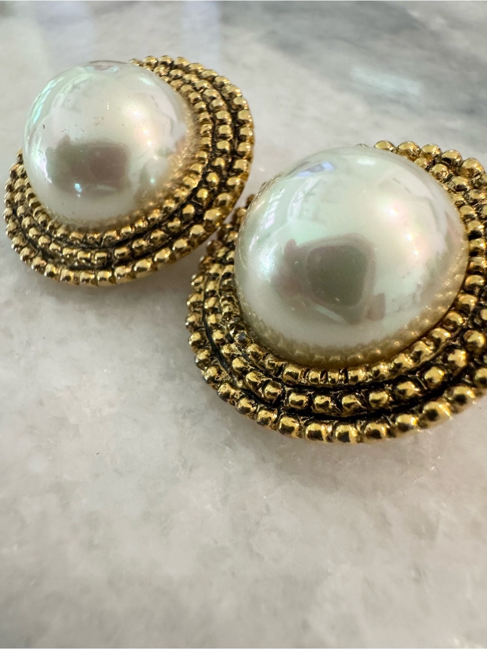 Vintage Carolee Signed Gold Beaded Faux Mabe Pearl Button Clip On Earrings